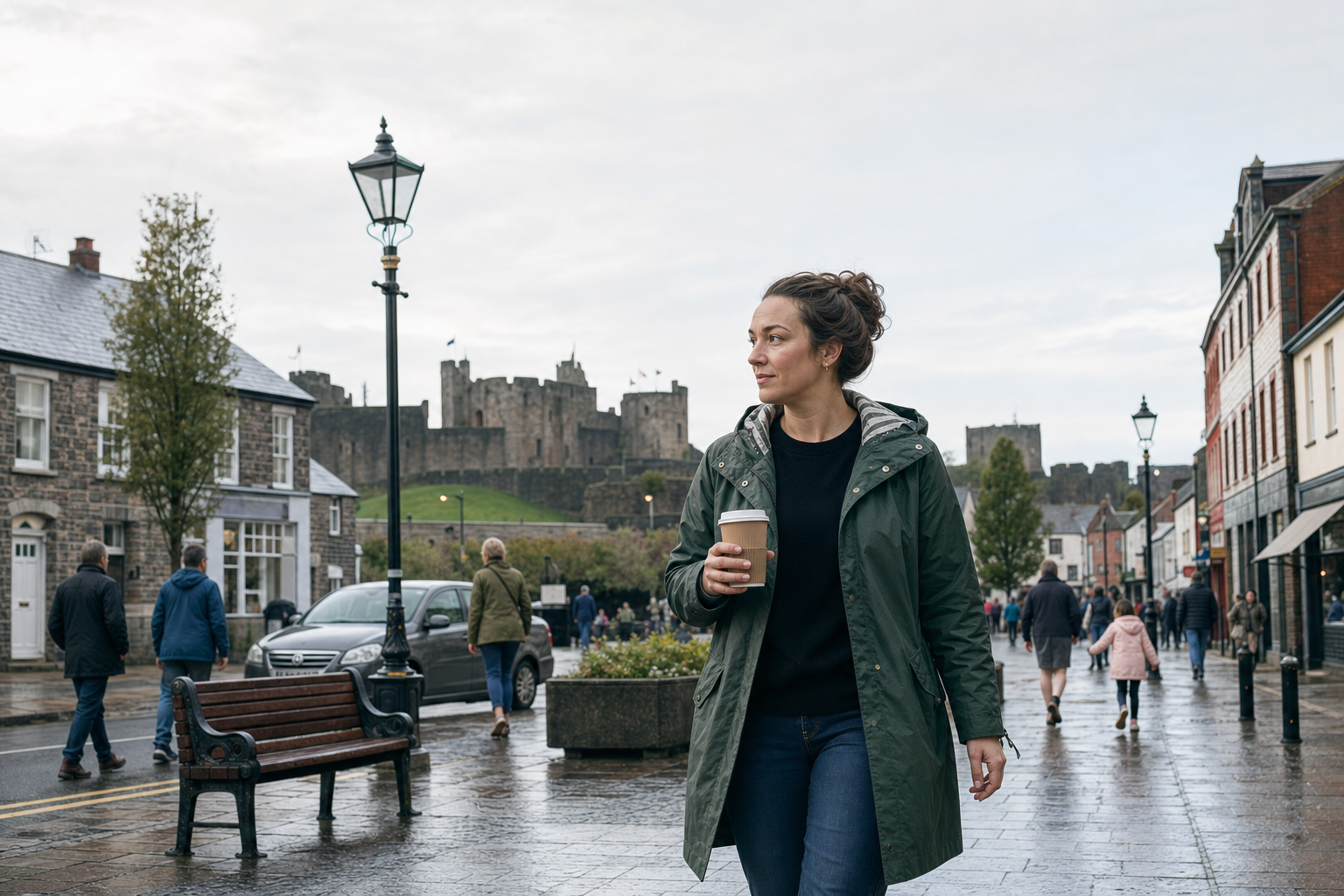 Person in a green coat holding a coffee cup, walking through a rainy street with a castle in the background.