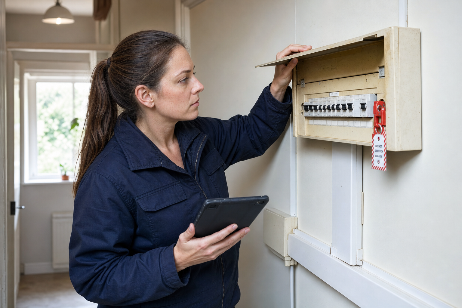 A woman in a blue jacket inspects an electrical panel while holding a tablet.
