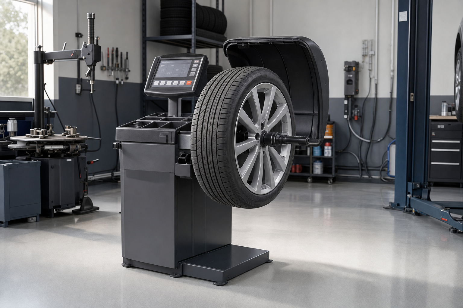A tyre balancing machine holds a wheel in a modern vehicle workshop.