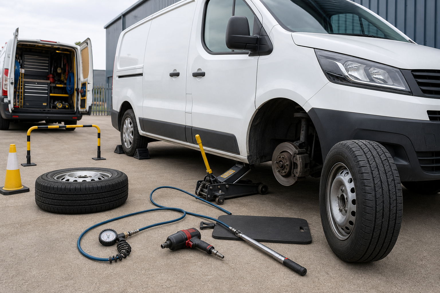 White van with a wheel removed, surrounded by tyre-changing tools and an open service van in the background.