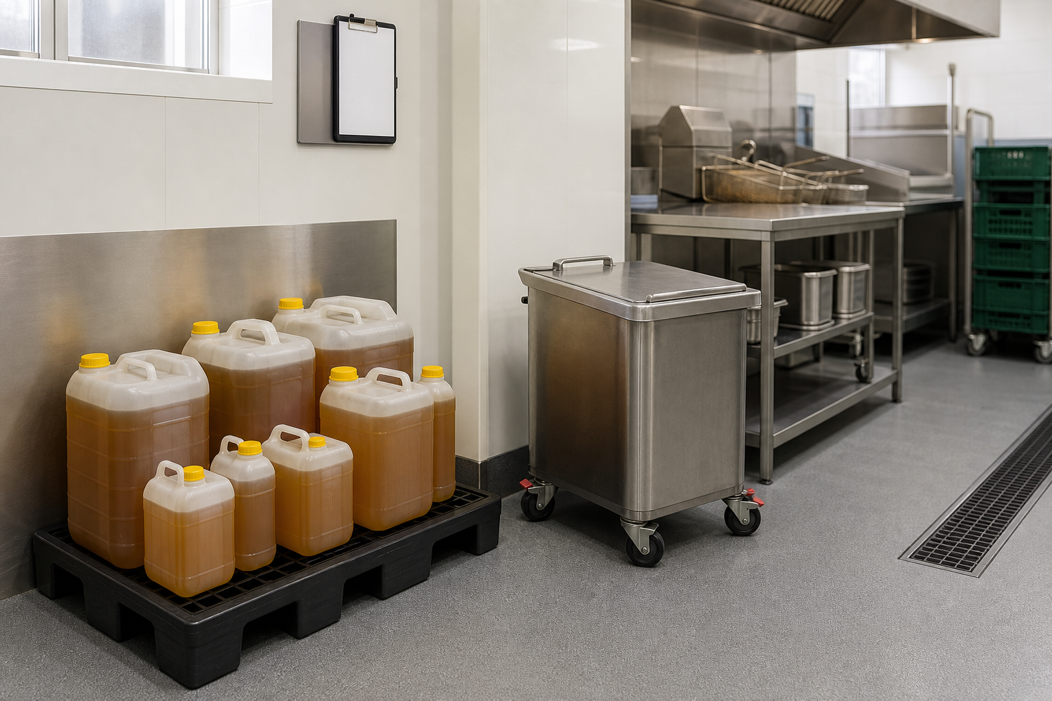 Containers of oil on a pallet beside a stainless steel kitchen counter and waste bin in a commercial kitchen.
