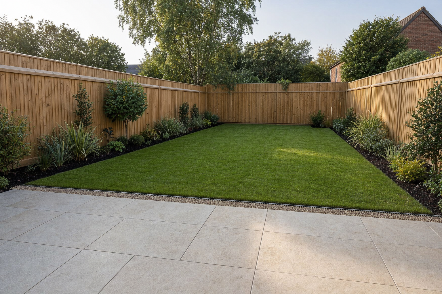A neatly landscaped garden with a central lawn, bordered by wooden fencing and surrounded by various plants and trees.