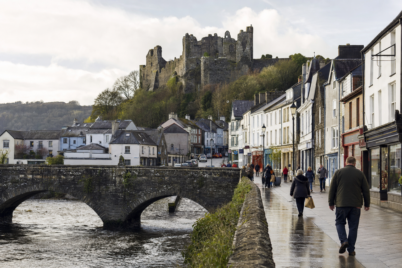 A historic stone bridge leads into a charming village with a hilltop castle in the background.