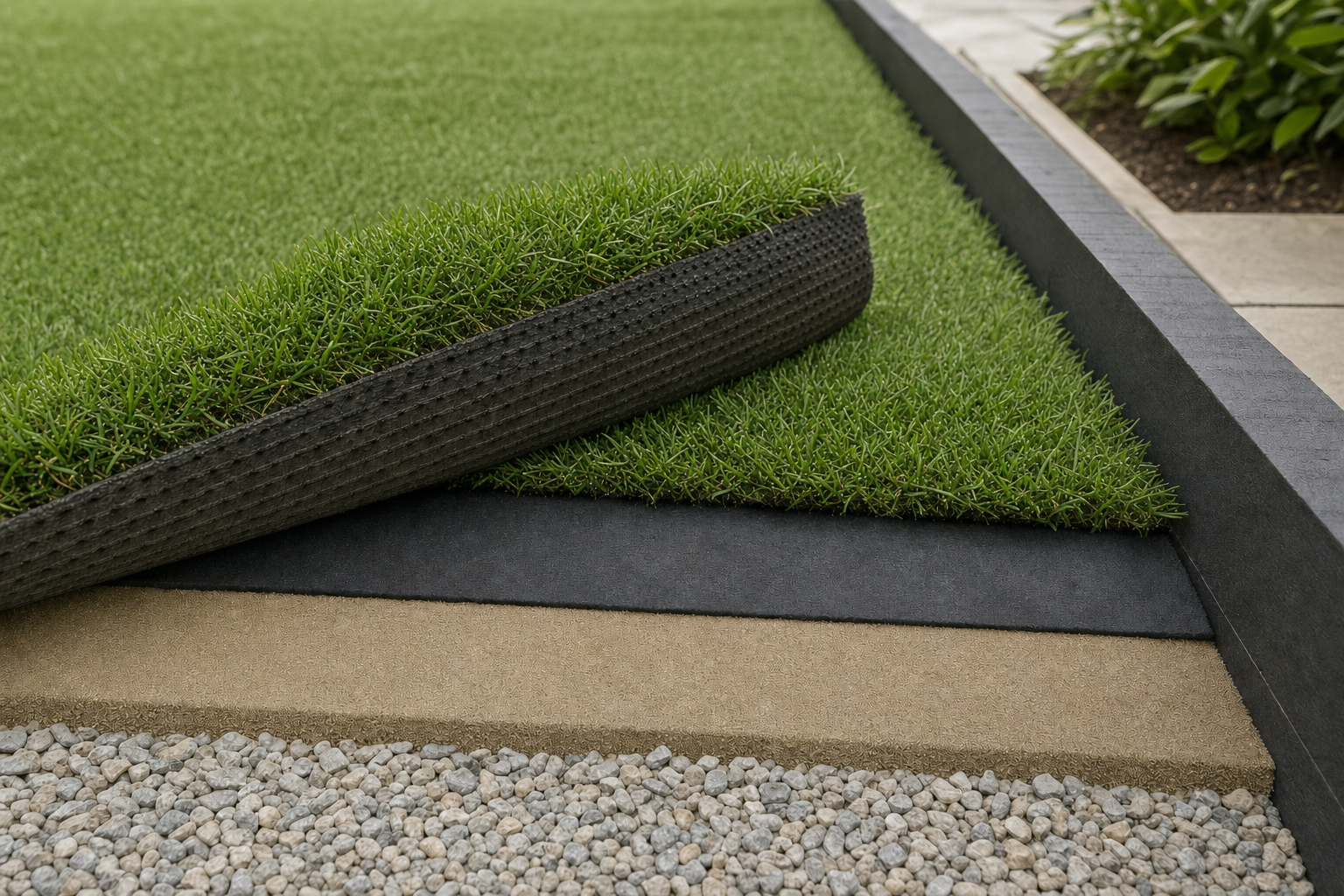 A roll of artificial grass reveals its layered cross-section, including sand and gravel beneath.