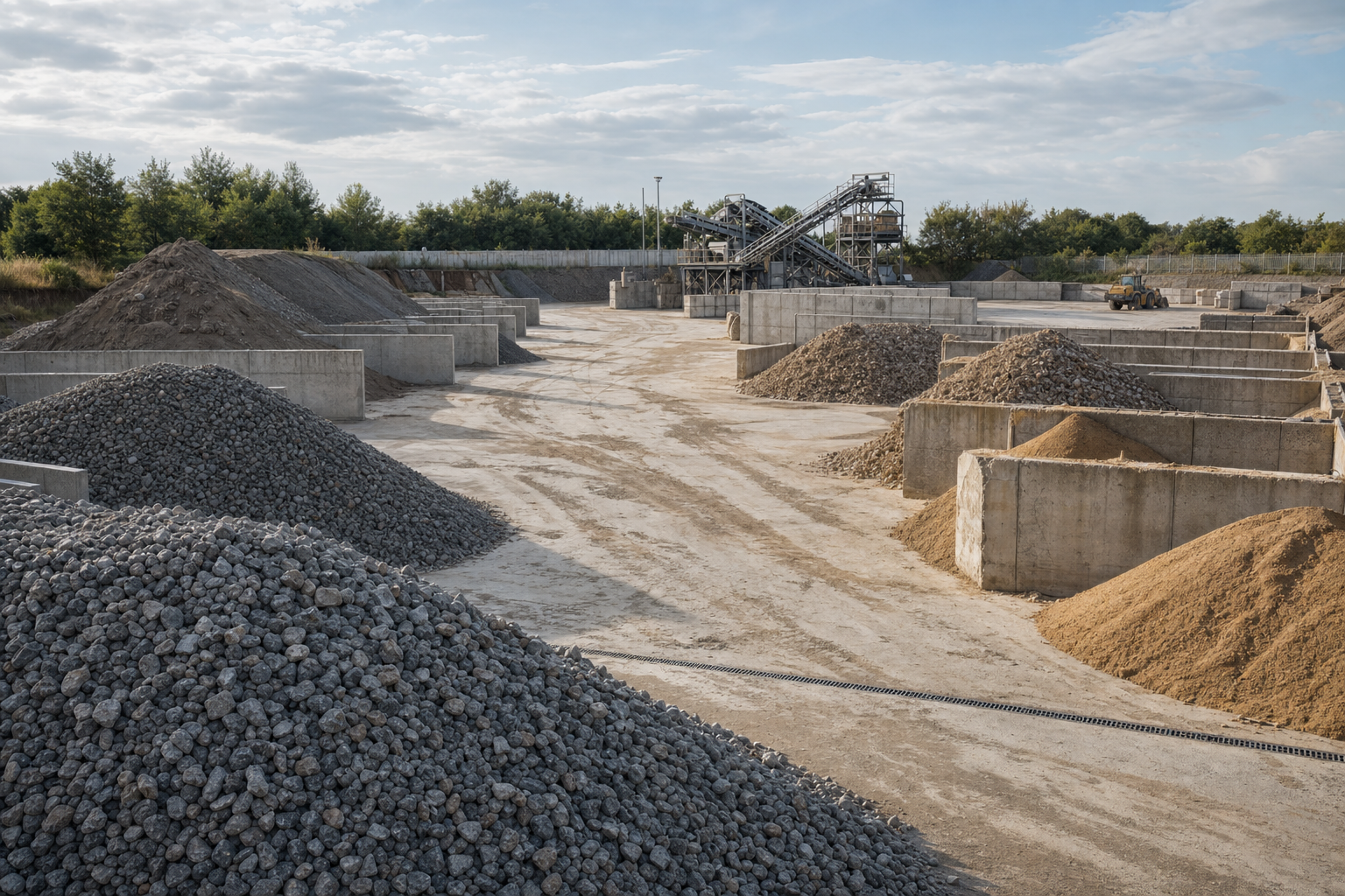 Aggregate storage yard with piles of rocks and sand separated by concrete barriers under a cloudy sky.