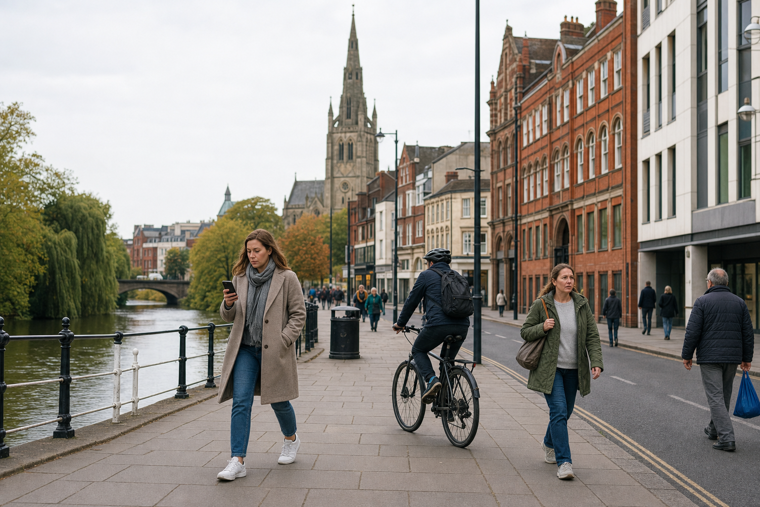People walking and cycling along a riverside path next to historic buildings and a large church in the background.