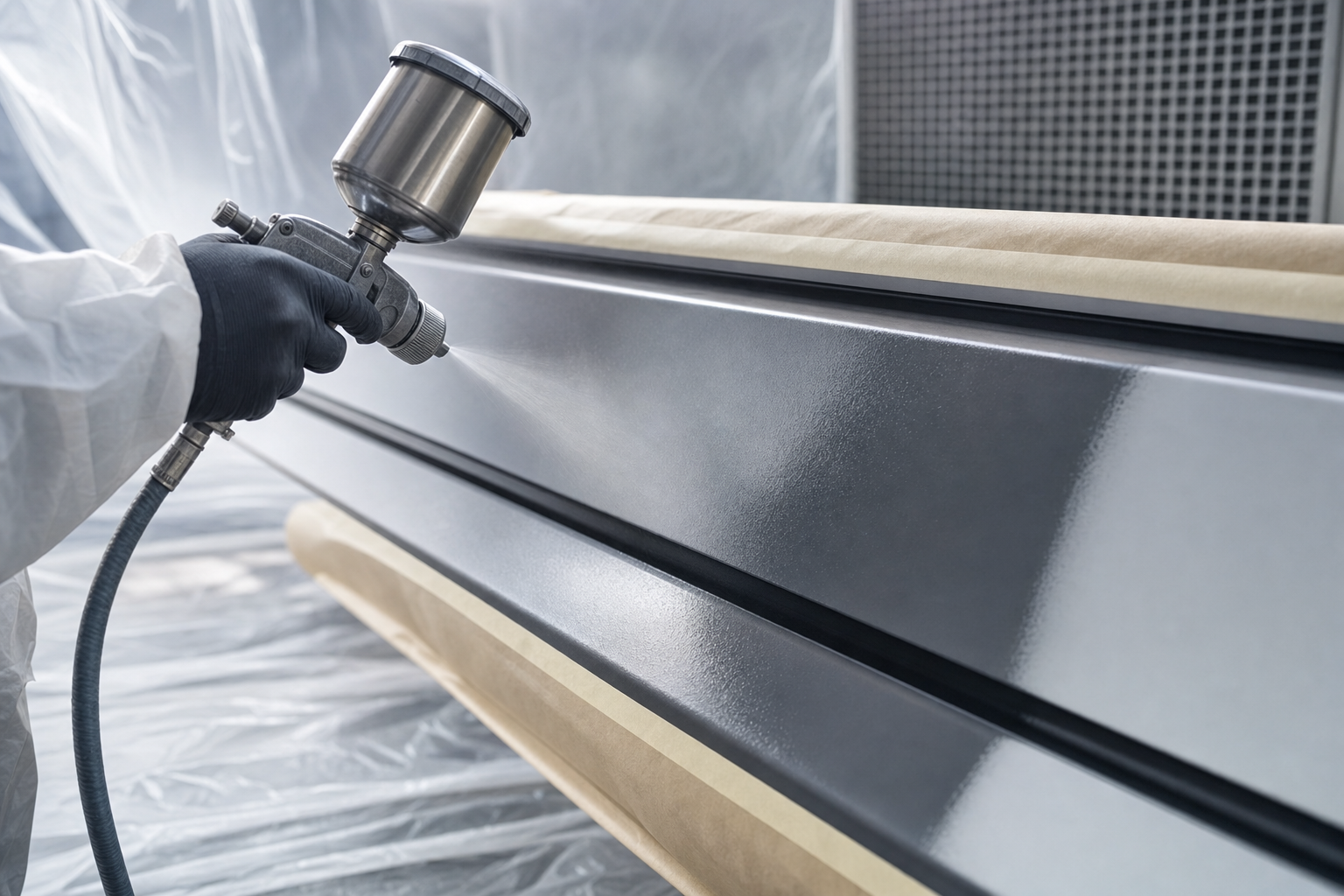 A worker wearing protective gear spray paints a large grey metal surface in an industrial setting.