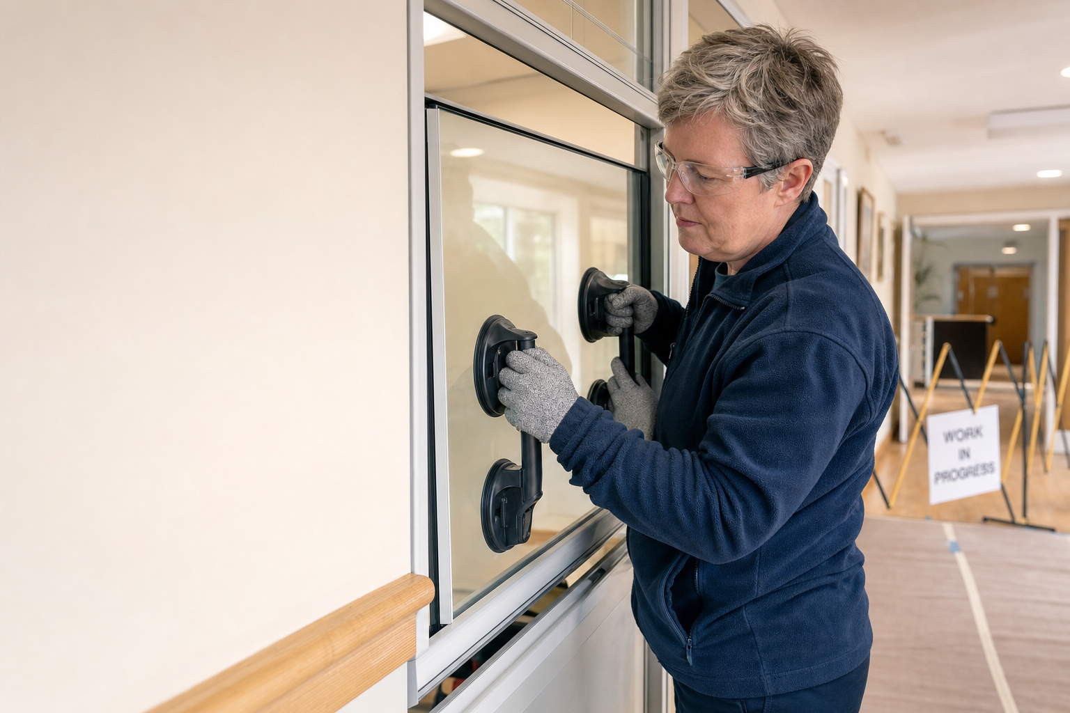 Person installing a glass panel using suction grips in a corridor with work in progress signs visible.