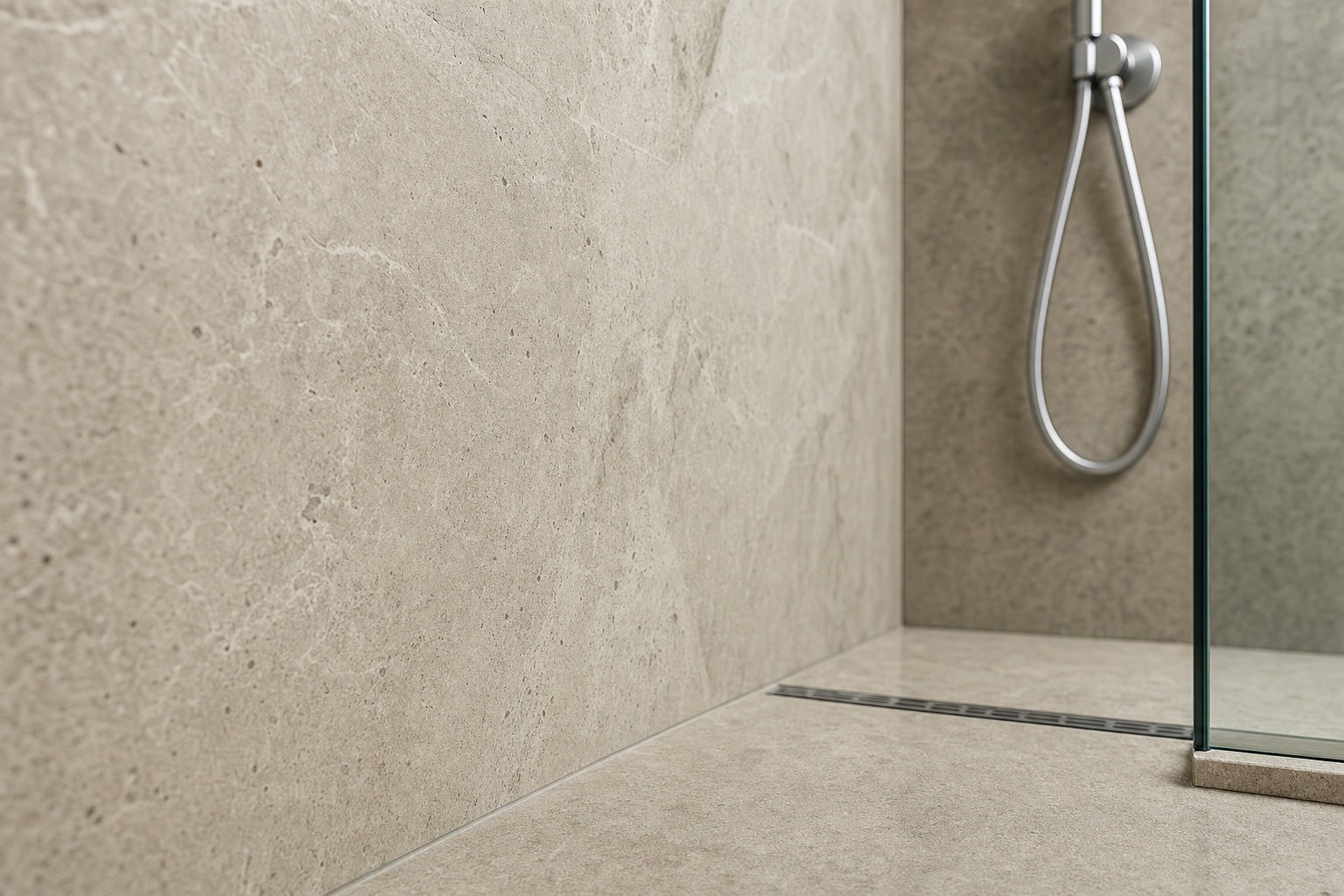 Modern walk-in shower with beige marble tiles and a metal handheld showerhead.