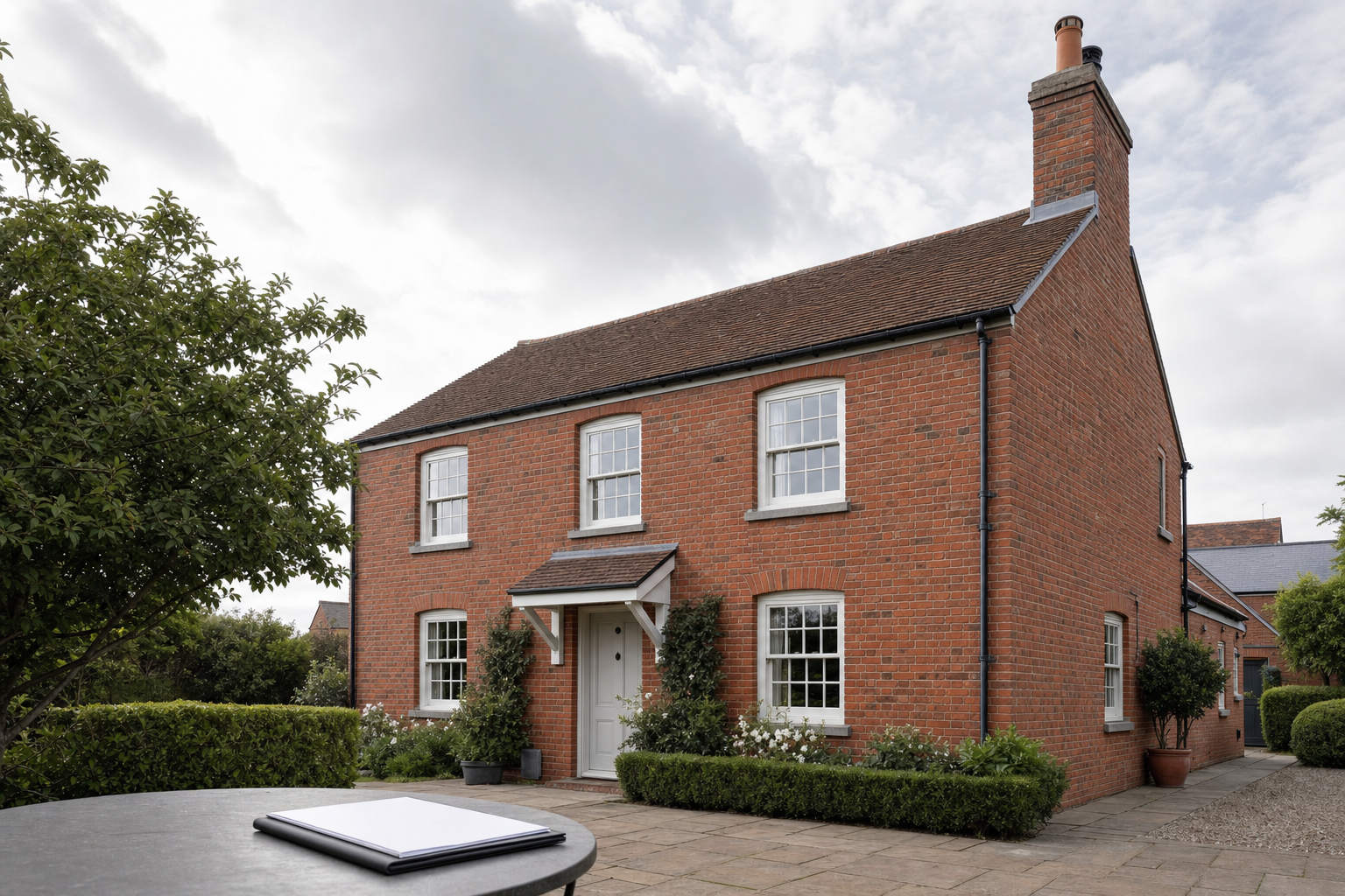 A traditional red-brick house with a white door and surrounding greenery, viewed with a slate table in the foreground.