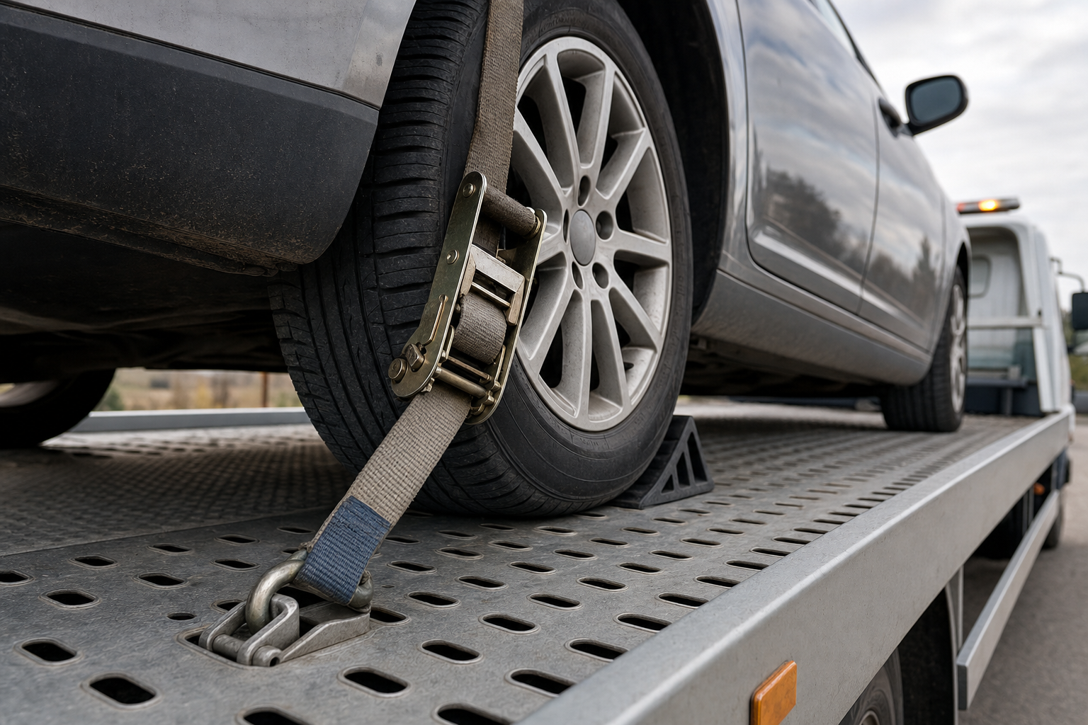 Car secured with straps on a flatbed tow truck, ready for transport.