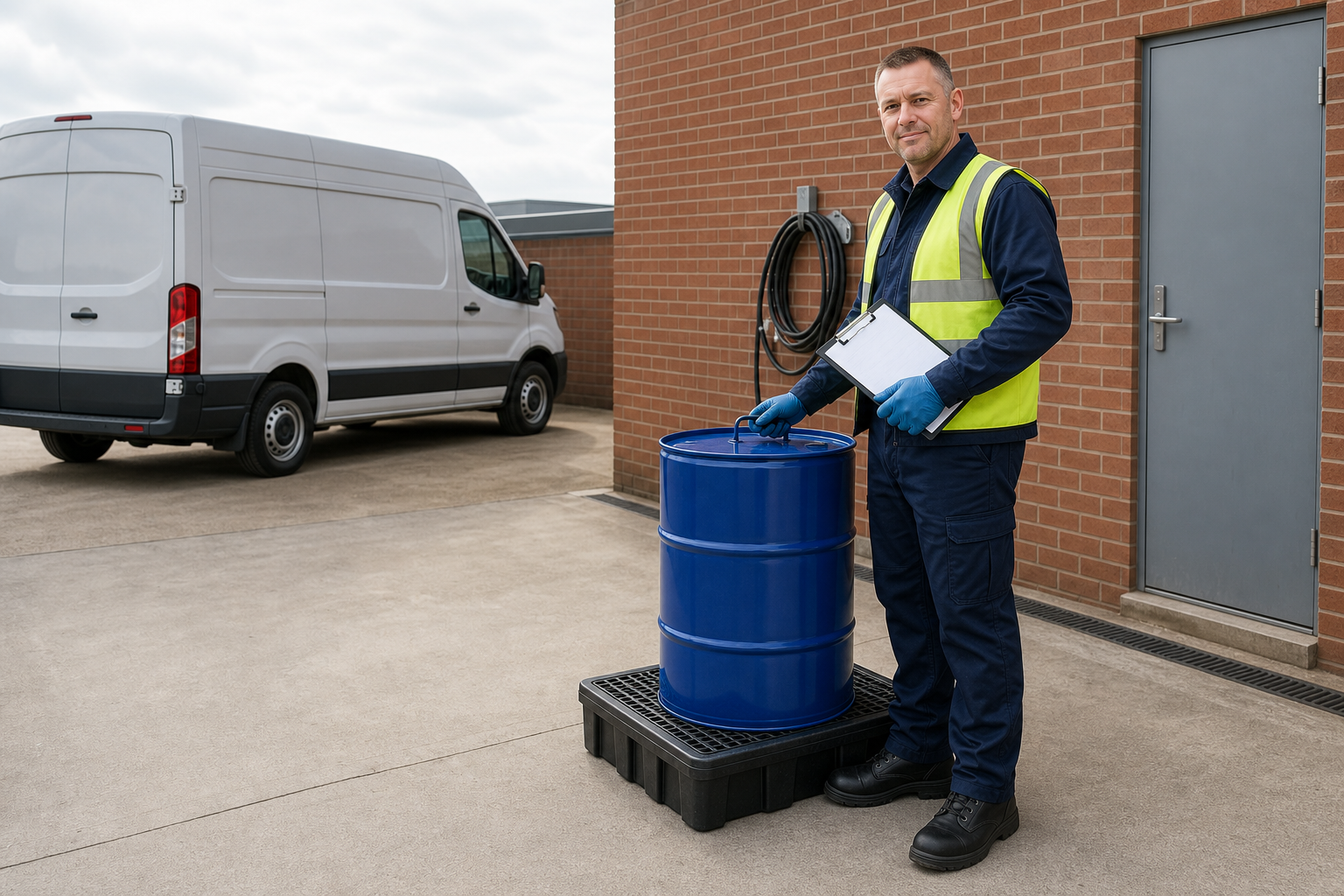 Worker in high-visibility vest handling a blue barrel next to a white van.