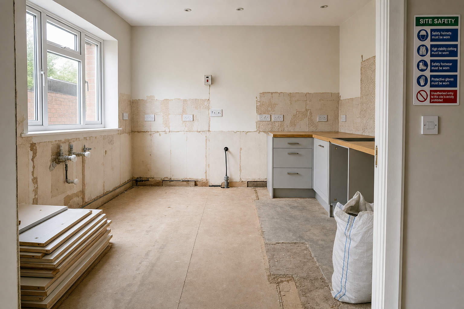 An unfinished kitchen under renovation with exposed walls, a worktop, and a bag of materials.