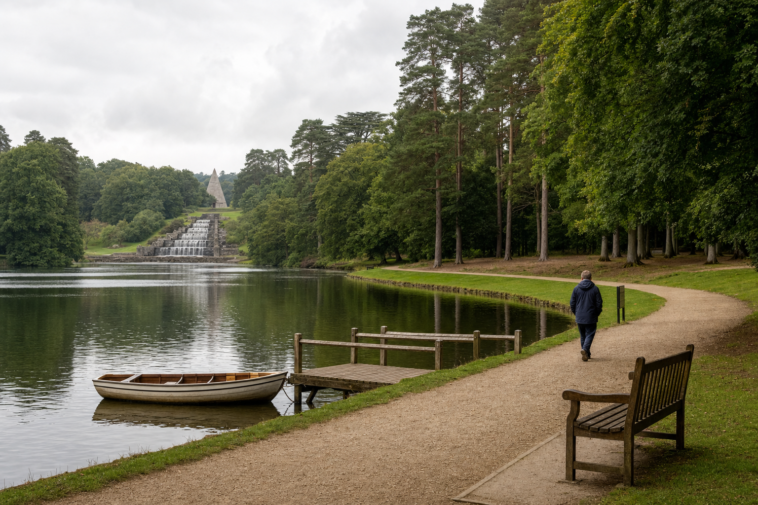 A person walks along a lakeside path with a boat and cascading monument in the background.