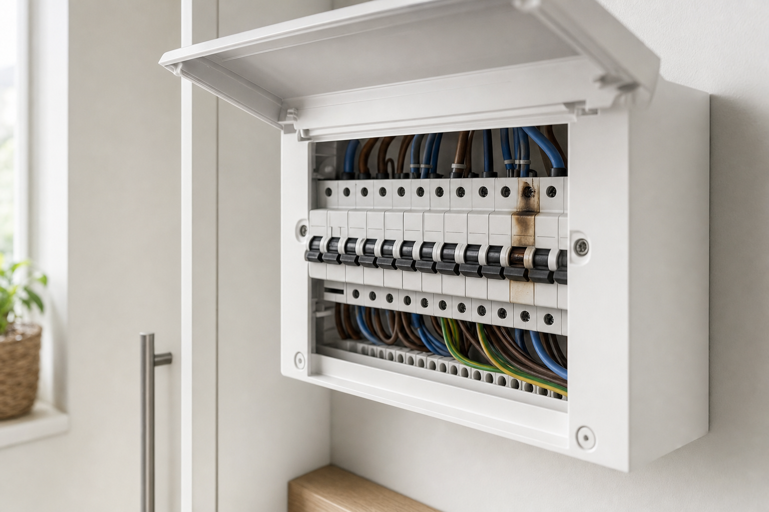 Open electrical panel with visible wiring and a charred circuit breaker in a residential setting.