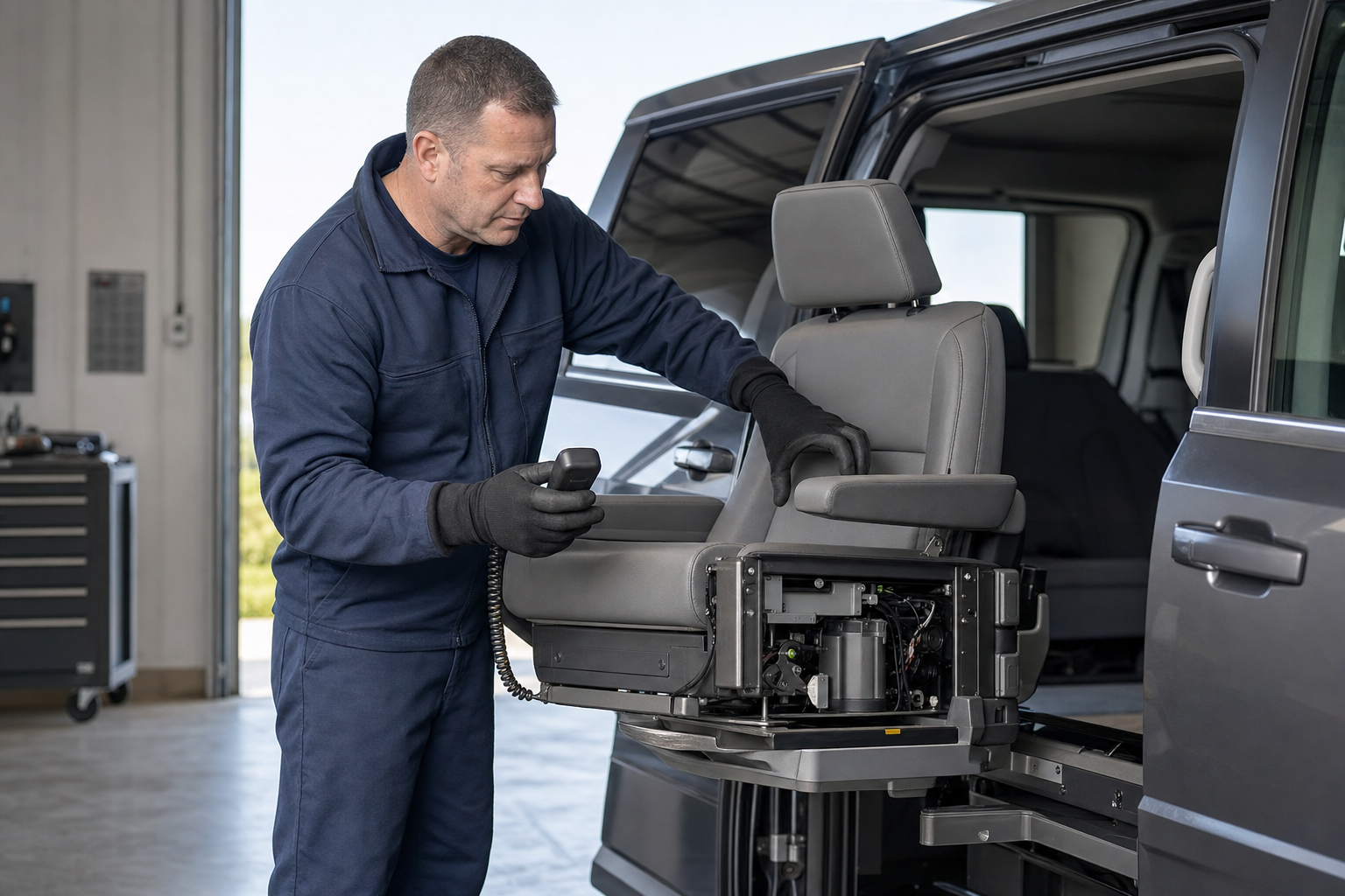 Mechanic inspecting a swivel seat mechanism in a van, using a handheld control in a garage setting.