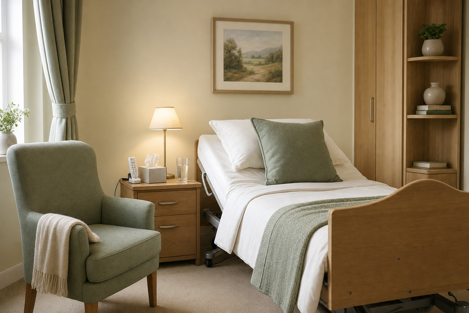 A cosy bedroom with a single bed and green accents, including a chair, cushions, and a throw blanket.