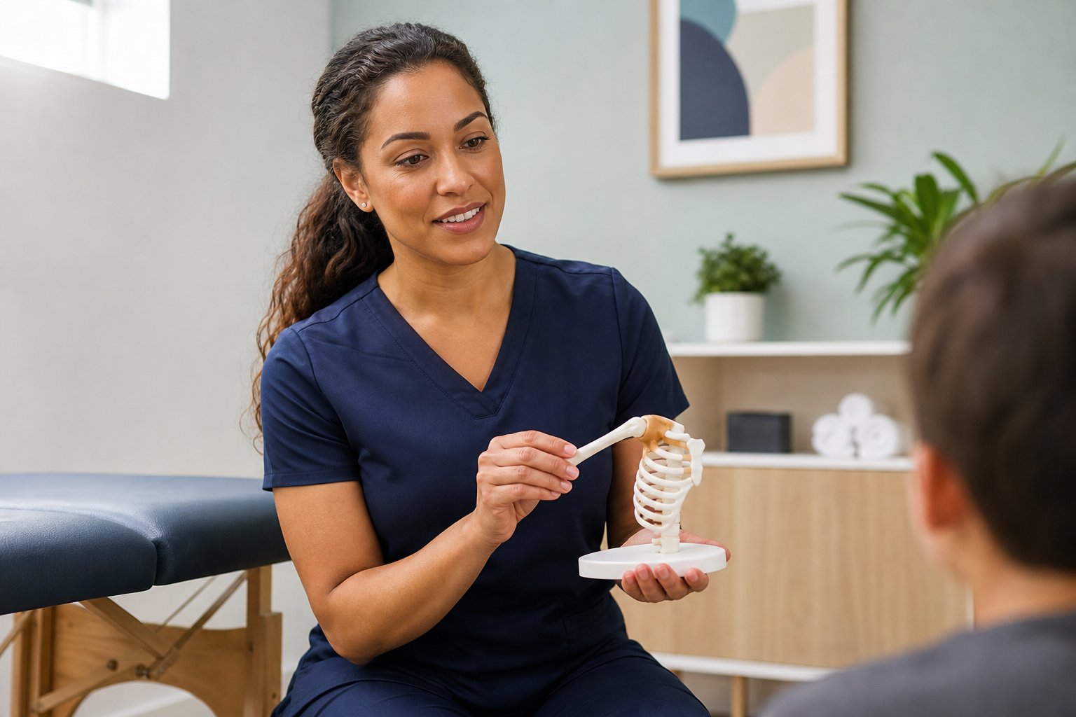 A healthcare professional in navy scrubs explains a ribcage model to a patient in an examination room.