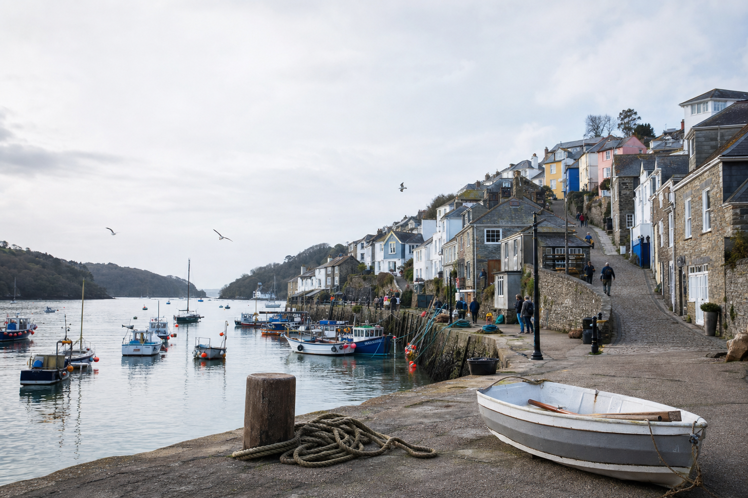 Quaint coastal village with colourful houses, boats in the harbour, and a small rowboat on the quay.