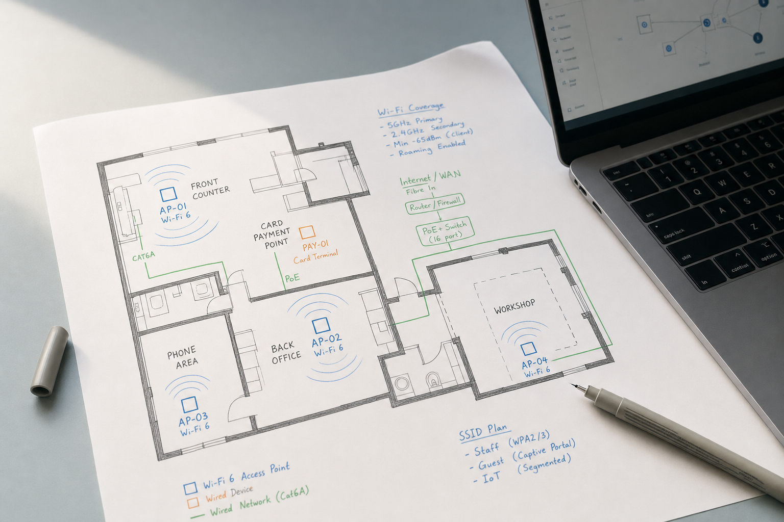 Wi-Fi network floor plan on paper with a laptop and pen nearby.