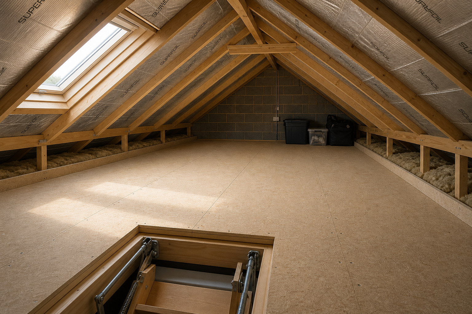 A newly converted loft space with wooden beams, insulation, skylight, and neatly stored boxes.