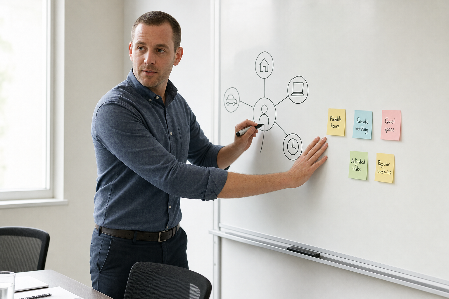 A man explains a diagram on a whiteboard with post-it notes about flexible working.