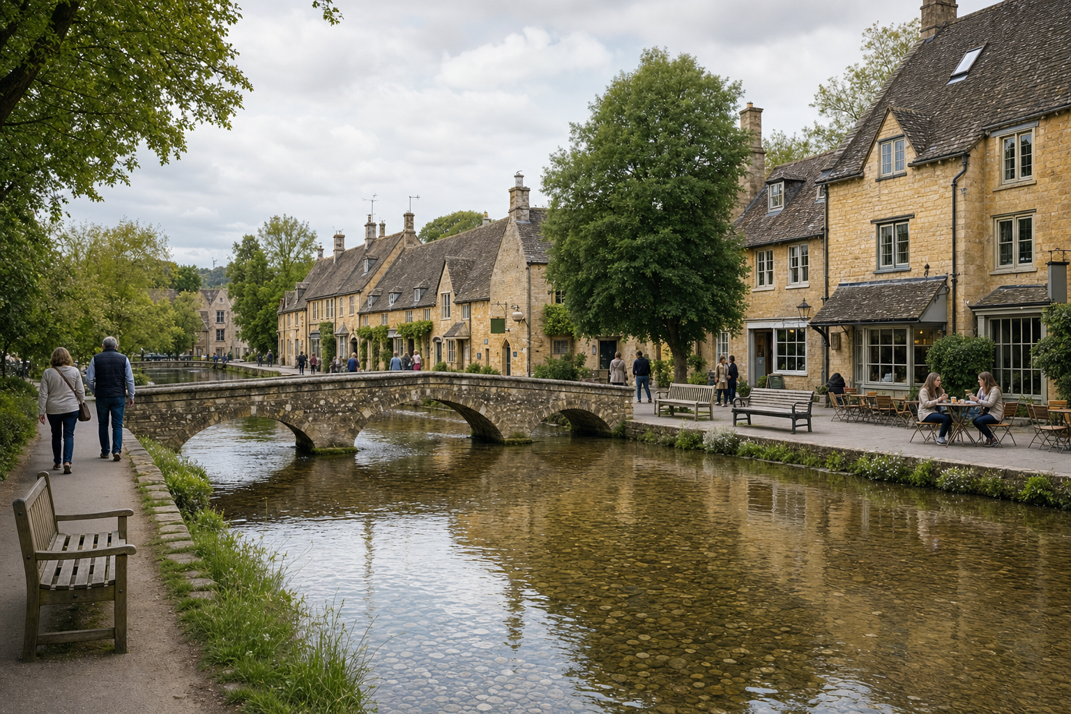 Charming stone cottages and a footbridge line a clear river in a quaint English village, with people strolling and dining nearby.