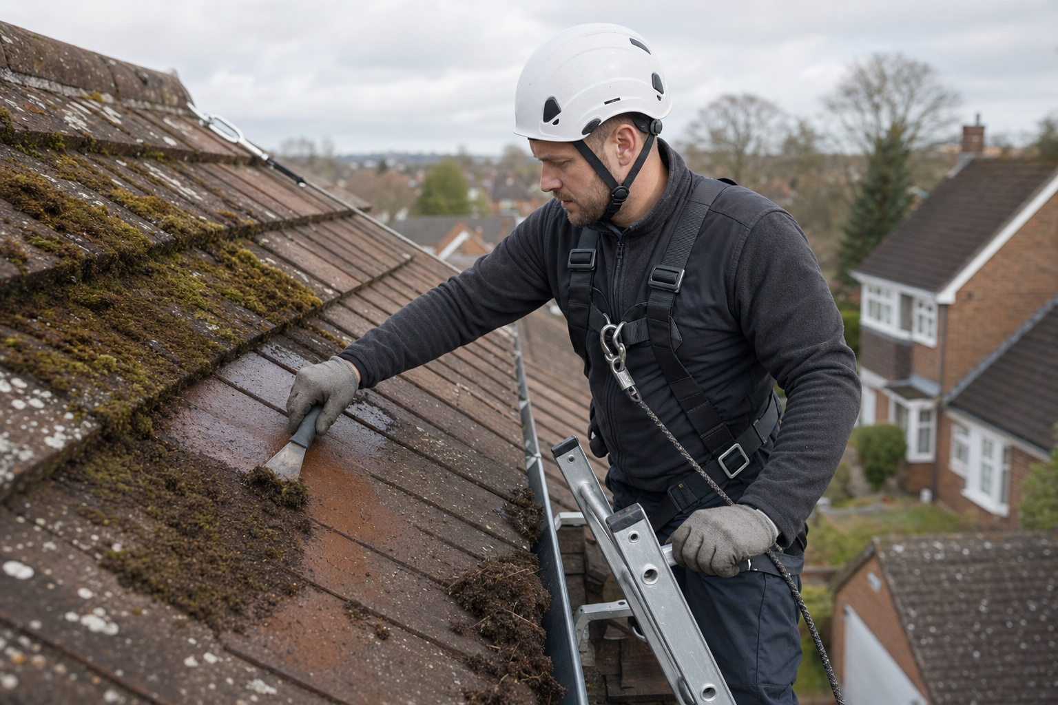 Worker in safety gear removes moss from a tiled house roof using a tool on a ladder.