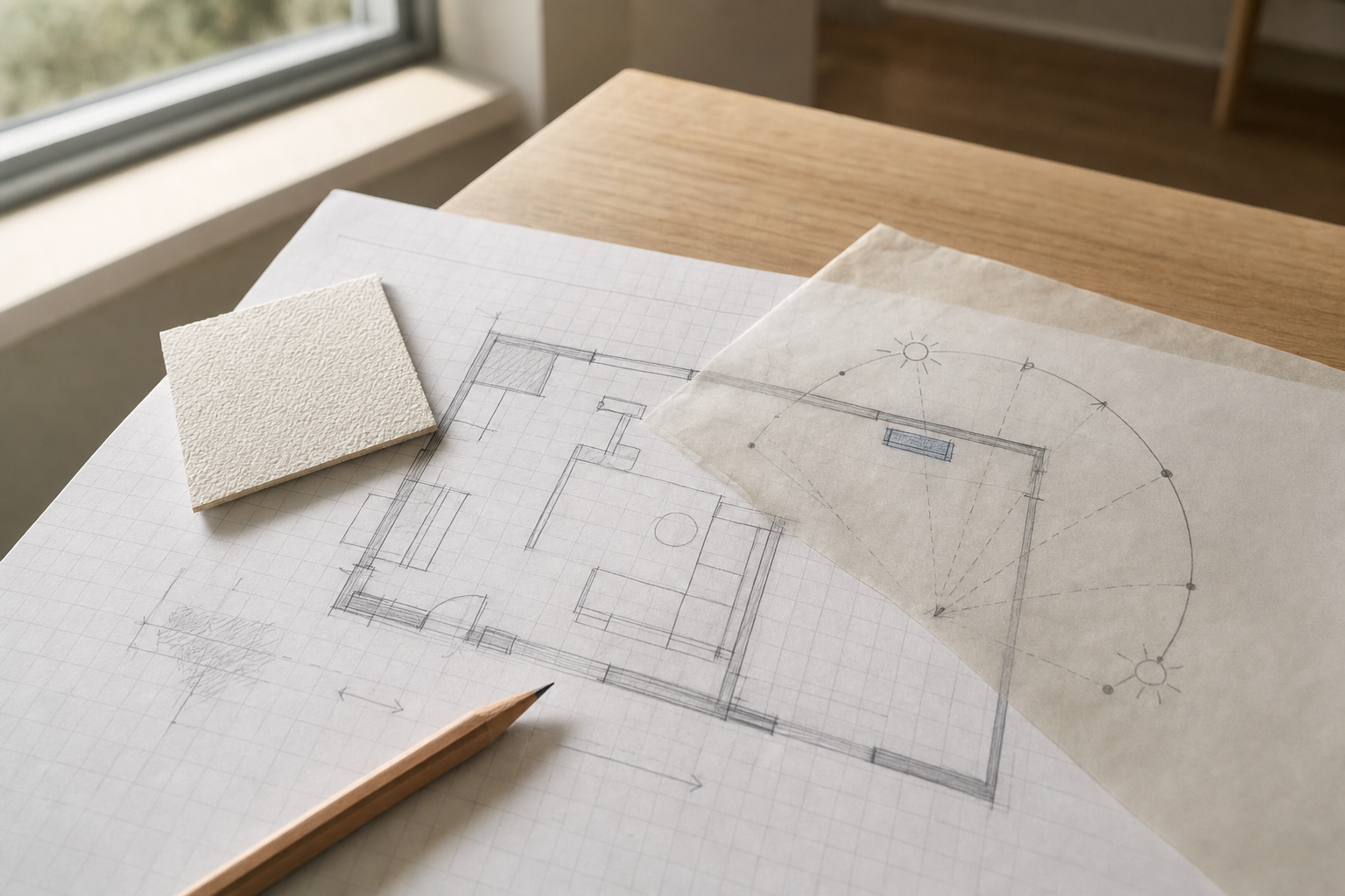 Architectural floor plan with a pencil, a tile sample, and sunlight diagram on a wooden desk by a window.
