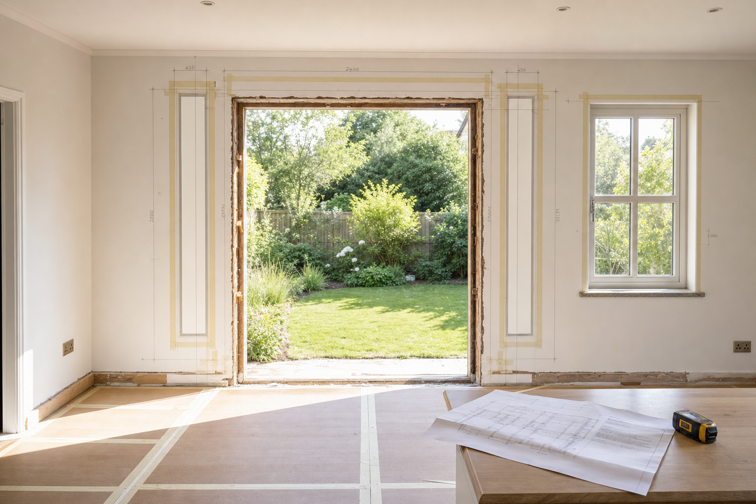 Spacious room under renovation with garden view, featuring architectural plans and a measuring tape on a wooden table.