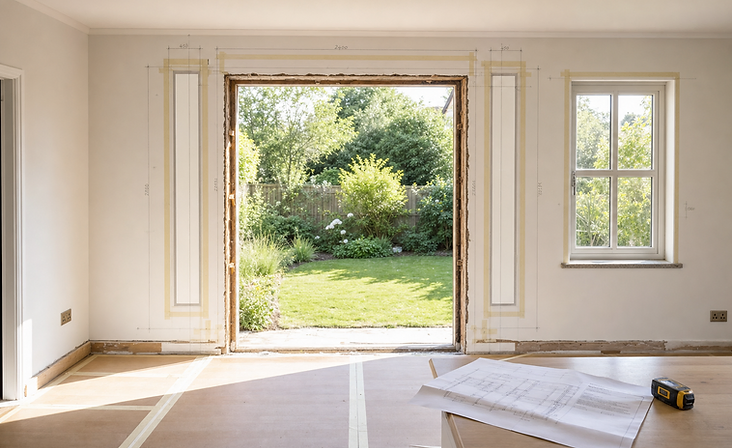 Spacious room under renovation with garden view, featuring architectural plans and a measuring tape on a wooden table.