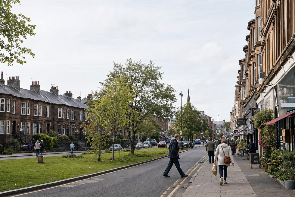 People walking along a tree-lined street with traditional terraced houses and shops on a cloudy day.