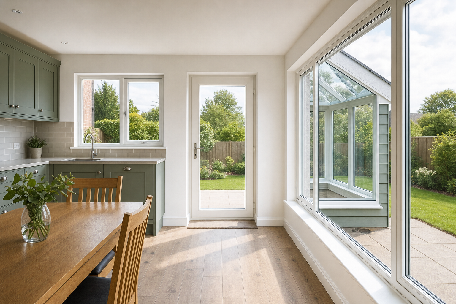 Bright kitchen and dining area with green cabinets, wooden table, and large windows overlooking a garden.