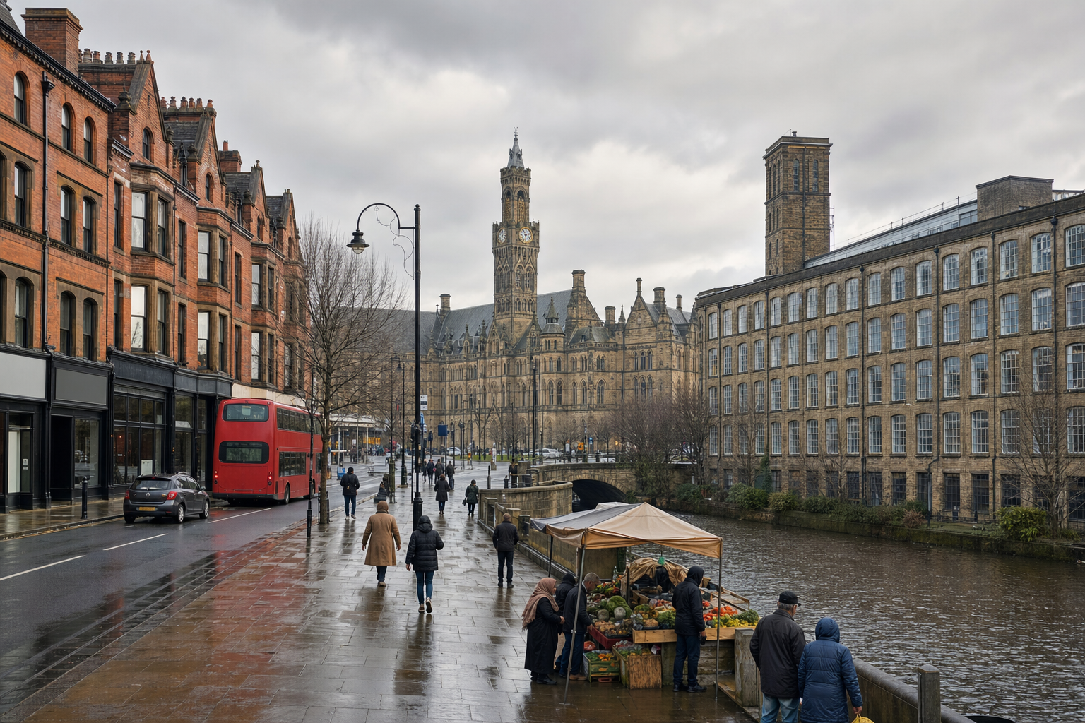 Historic city street with a red double-decker bus, pedestrians, and a riverside market stall on a cloudy day.