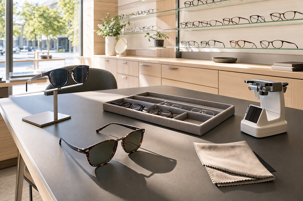 Sunglasses displayed on a table in an optician's shop, with eyeglasses on shelves in the background.