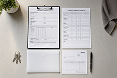 Gas safety certificate, inspection checklist, and invoice on a desk alongside keys, an envelope, and a pen.