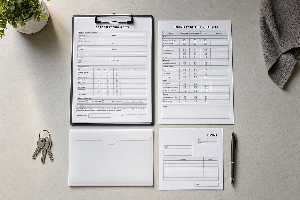 Gas safety certificate, inspection checklist, and invoice on a desk alongside keys, an envelope, and a pen.