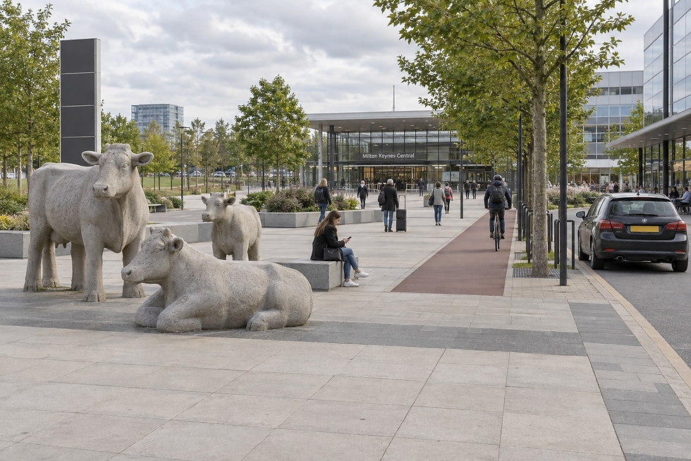 Stone cow sculptures in front of Milton Keynes Central station with people walking and cycling nearby.