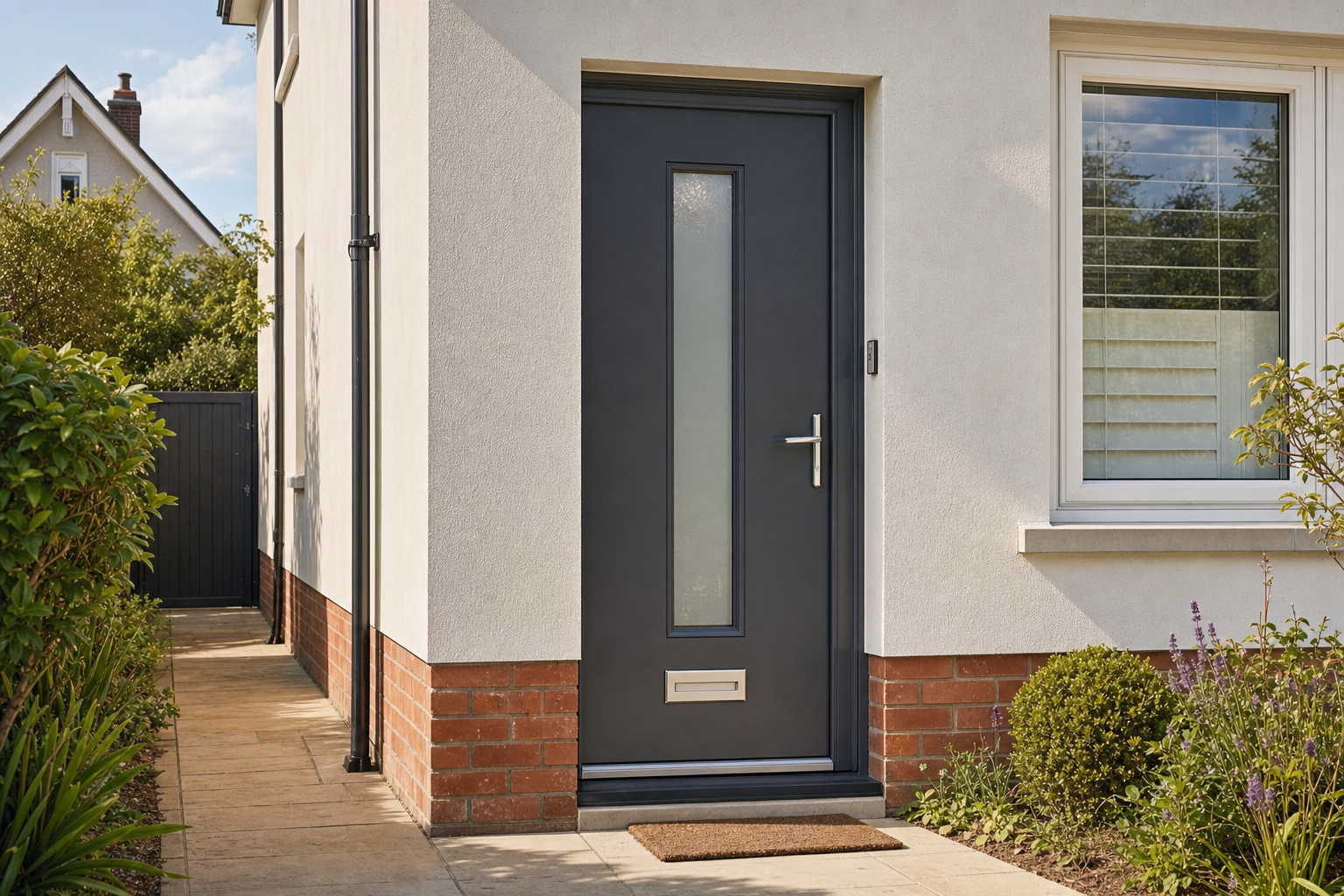 Modern grey front door with frosted glass, next to a window with blinds, surrounded by brick and tidy garden plants.