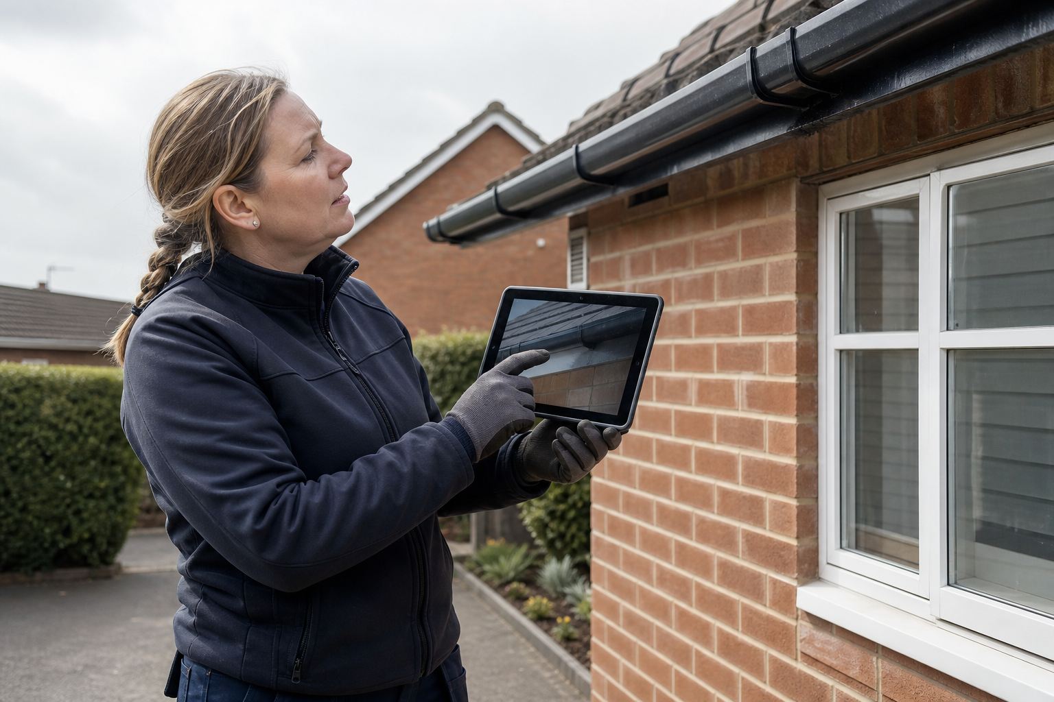 Woman in a jacket uses a tablet to inspect the guttering on a brick house.