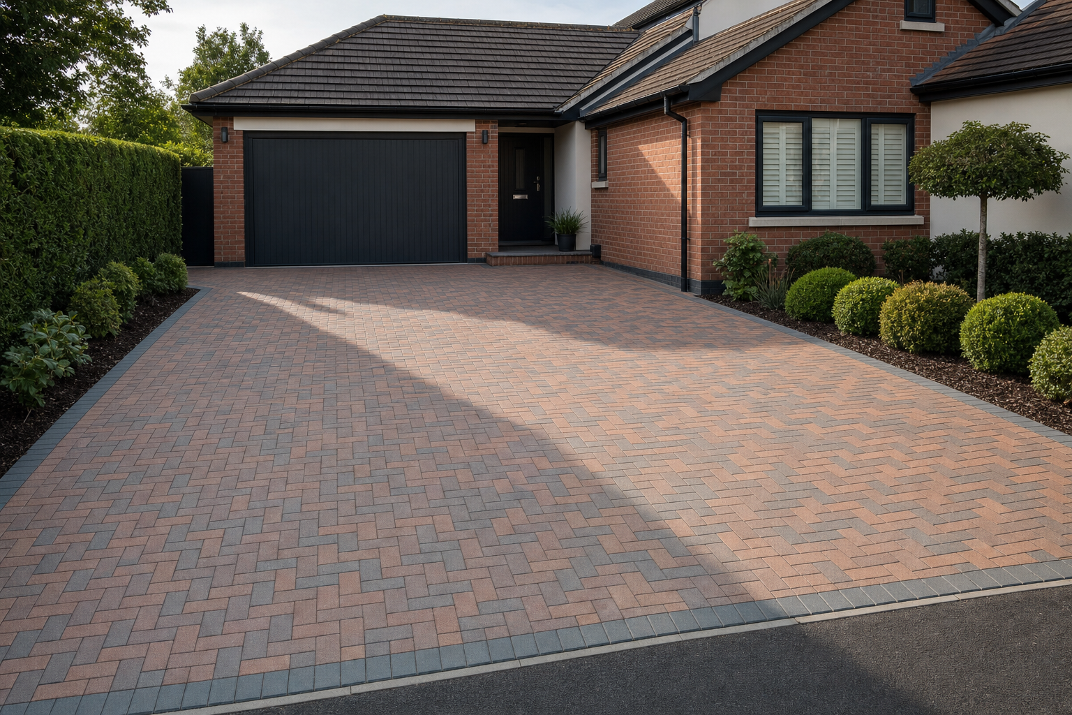 Neatly paved driveway leading to a modern brick house with a black garage door and manicured hedges.