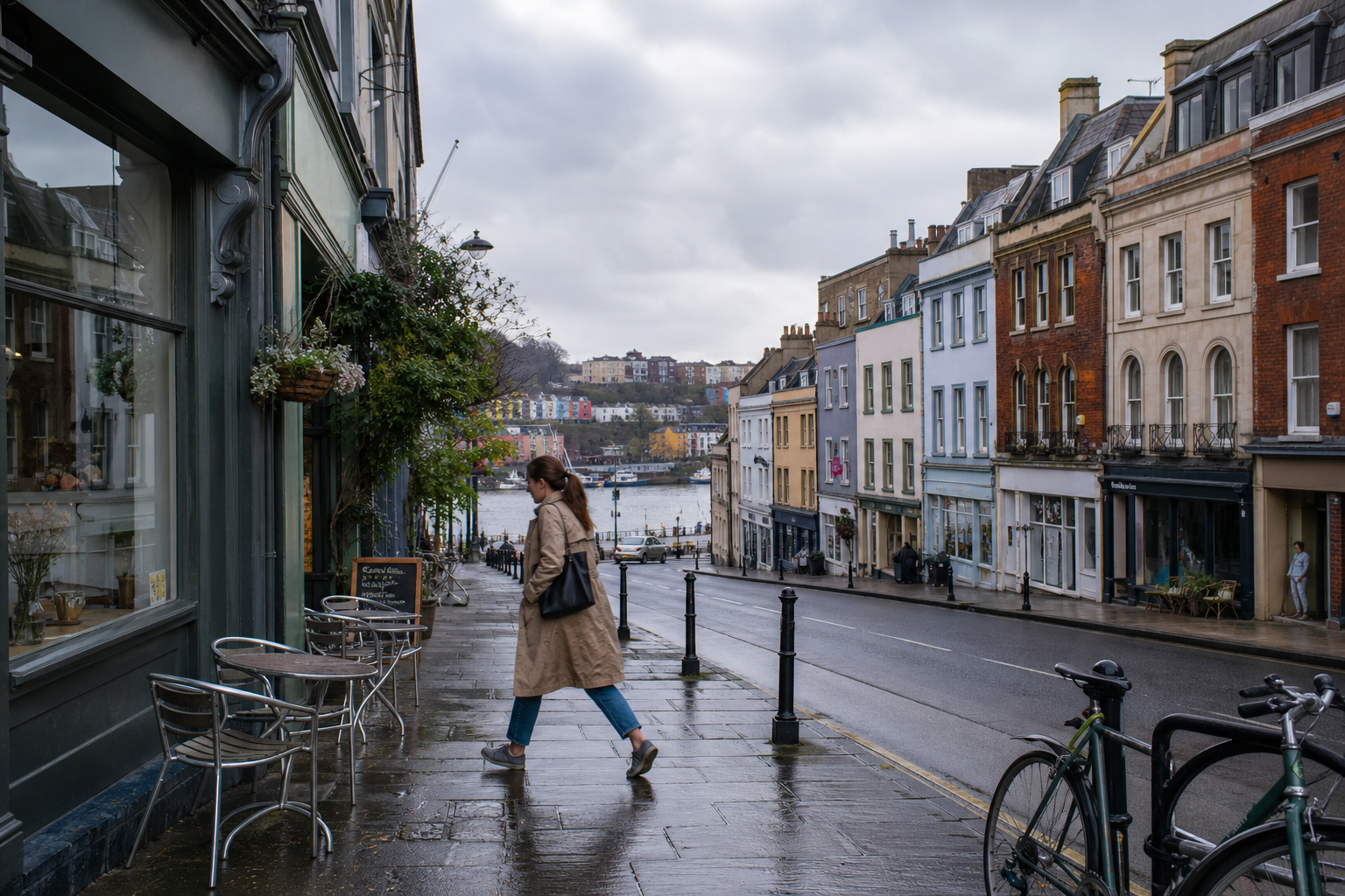 Woman in a trench coat walks down a wet street lined with colourful buildings, overlooking a river.