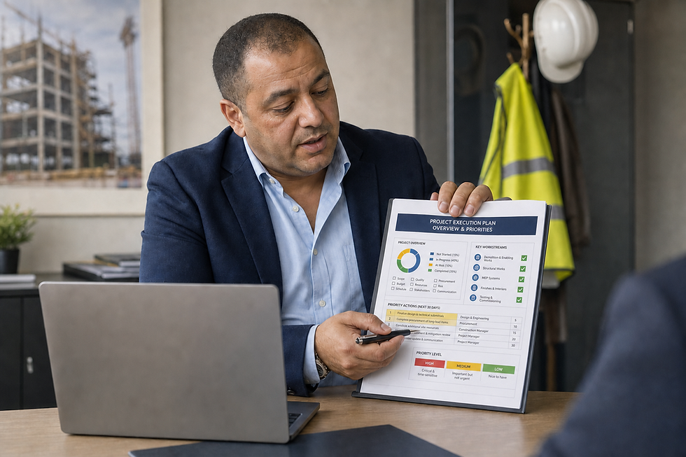 Businessman explaining a project execution plan using a printed chart in an office setting.
