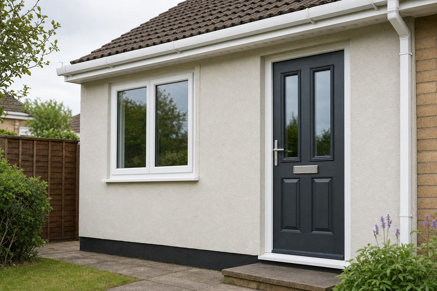 Front entrance of a residential house with a black door and white-framed window, surrounded by a garden.