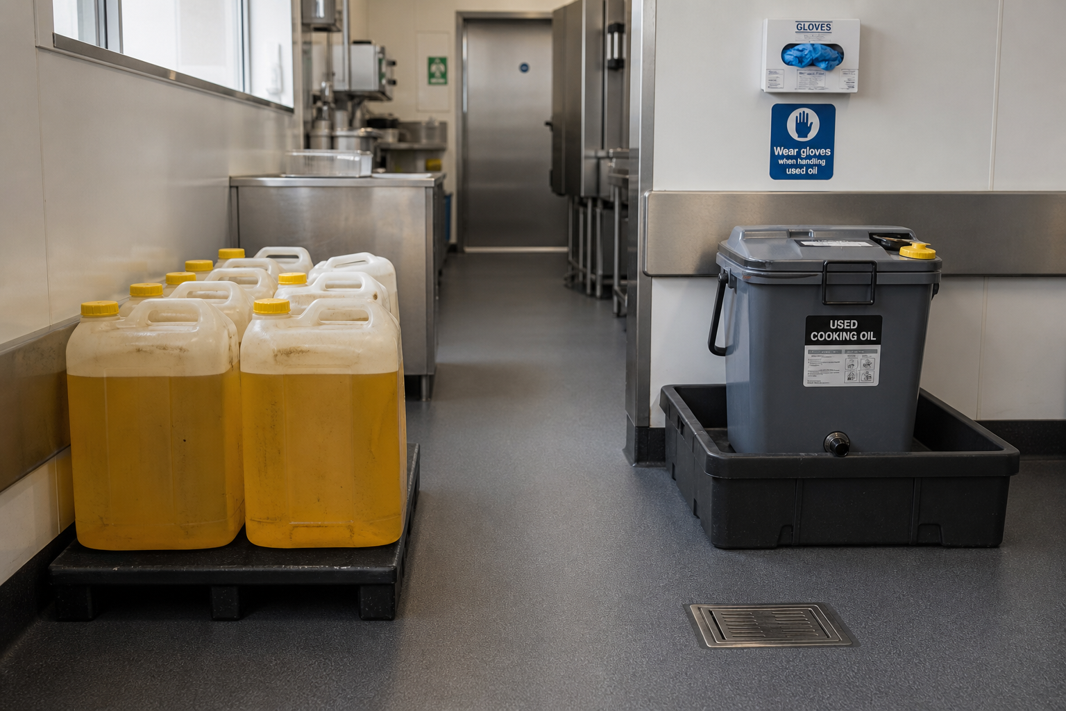 Kitchen area with containers of fresh and used cooking oil near a glove dispenser.