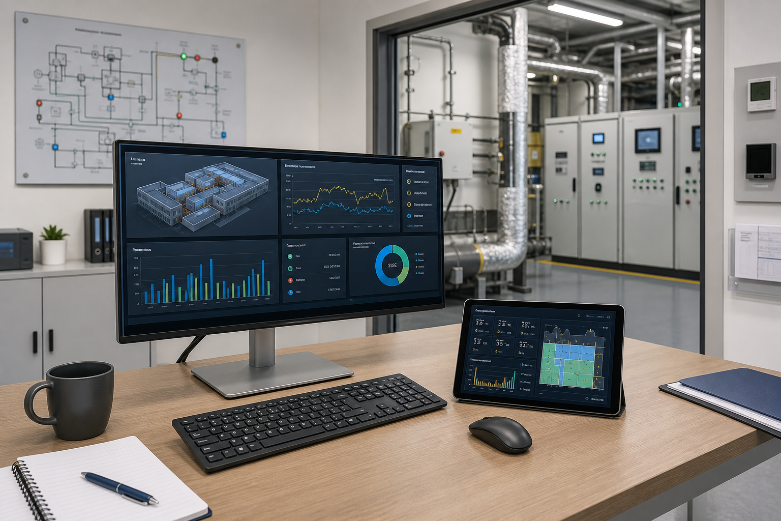 Office desk with computer and tablet showing data charts, overlooking an industrial control room.