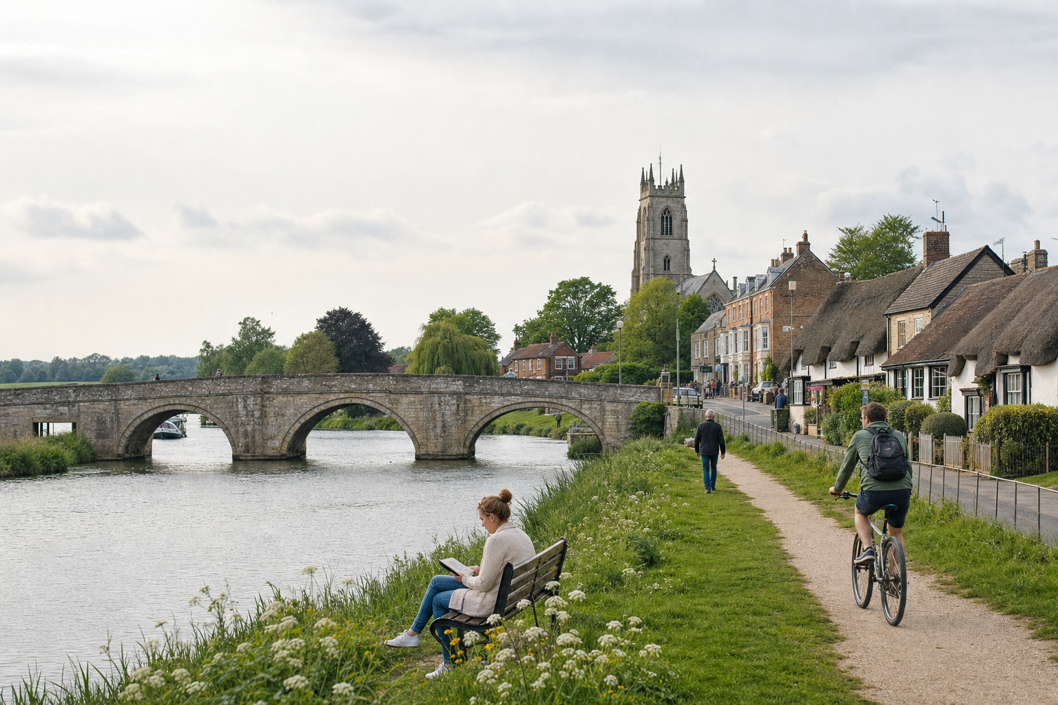 A person reads on a riverside bench, with a cyclist and a historic bridge nearby under a cloudy sky.