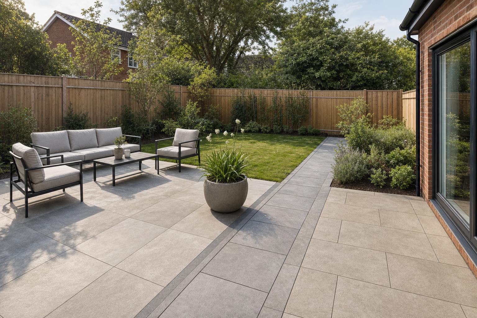 Modern garden patio with grey tiles, outdoor furniture, and lush greenery enclosed by a wooden fence.