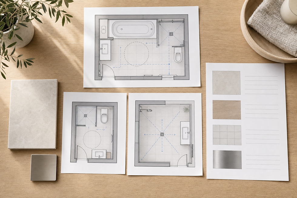 Bathroom floor plans and material samples arranged neatly on a wooden table.