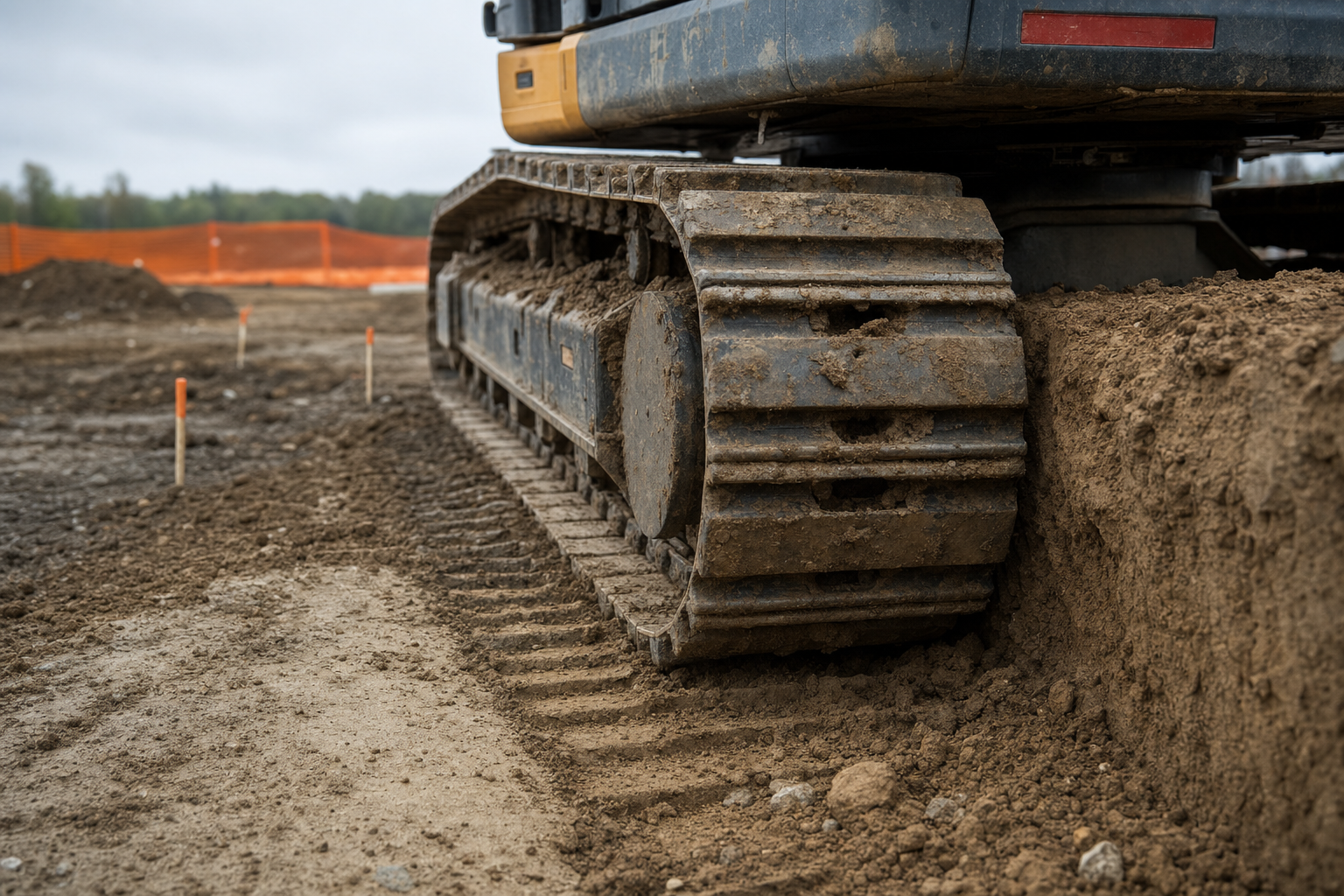 Tracked excavator moving dirt at a construction site with orange safety fencing in the background.